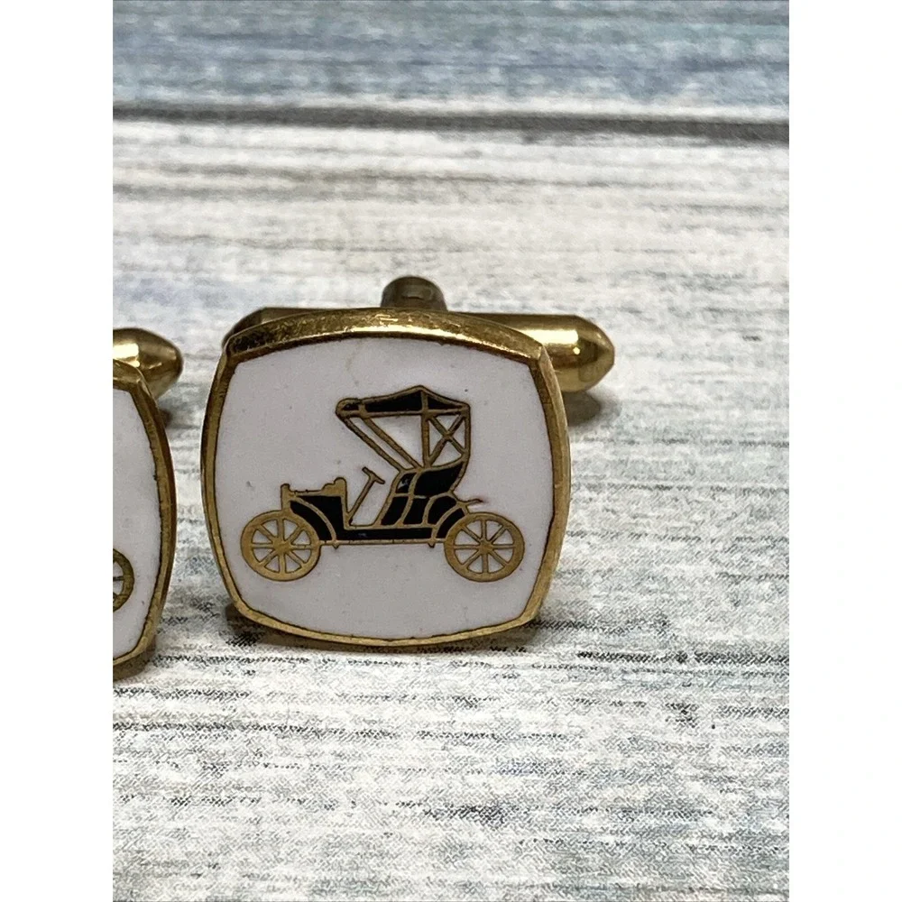 Vintage Enamel Car Cufflinks Pair Square White Gold tone